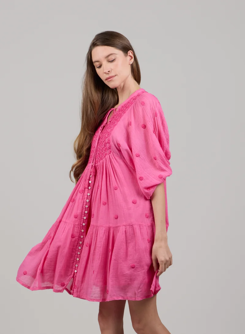 Just Nature hot pink Colours of Nature Baloon Sleeve Embroidered Mini Dress for Women | Best Price UAE